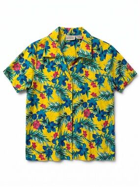 Vintage 90s Basic Editions Floral Hawaiian Shirt Women’s L Yellow Cotton Beach